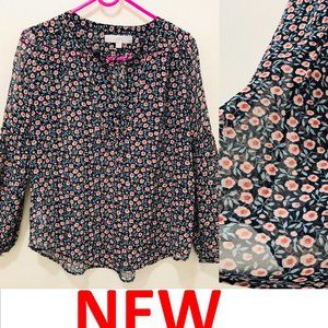 Loft floral Top blouse Pink Rose Black V Neck S M